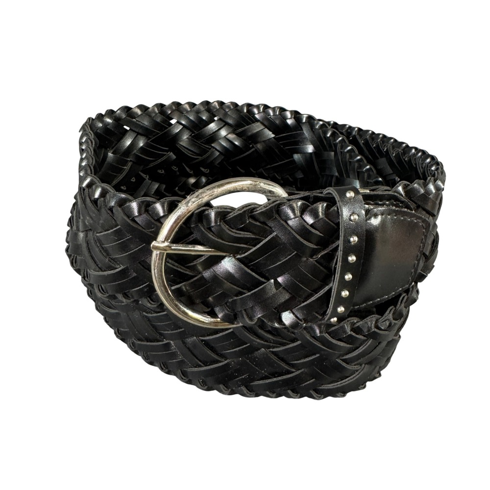 Black Braided Faux Leather Belt Silver Round Buckle Studded Keeper Wide Woven